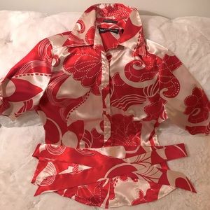 Stretch Silk Red & Cream Blouse with Belt, Size L